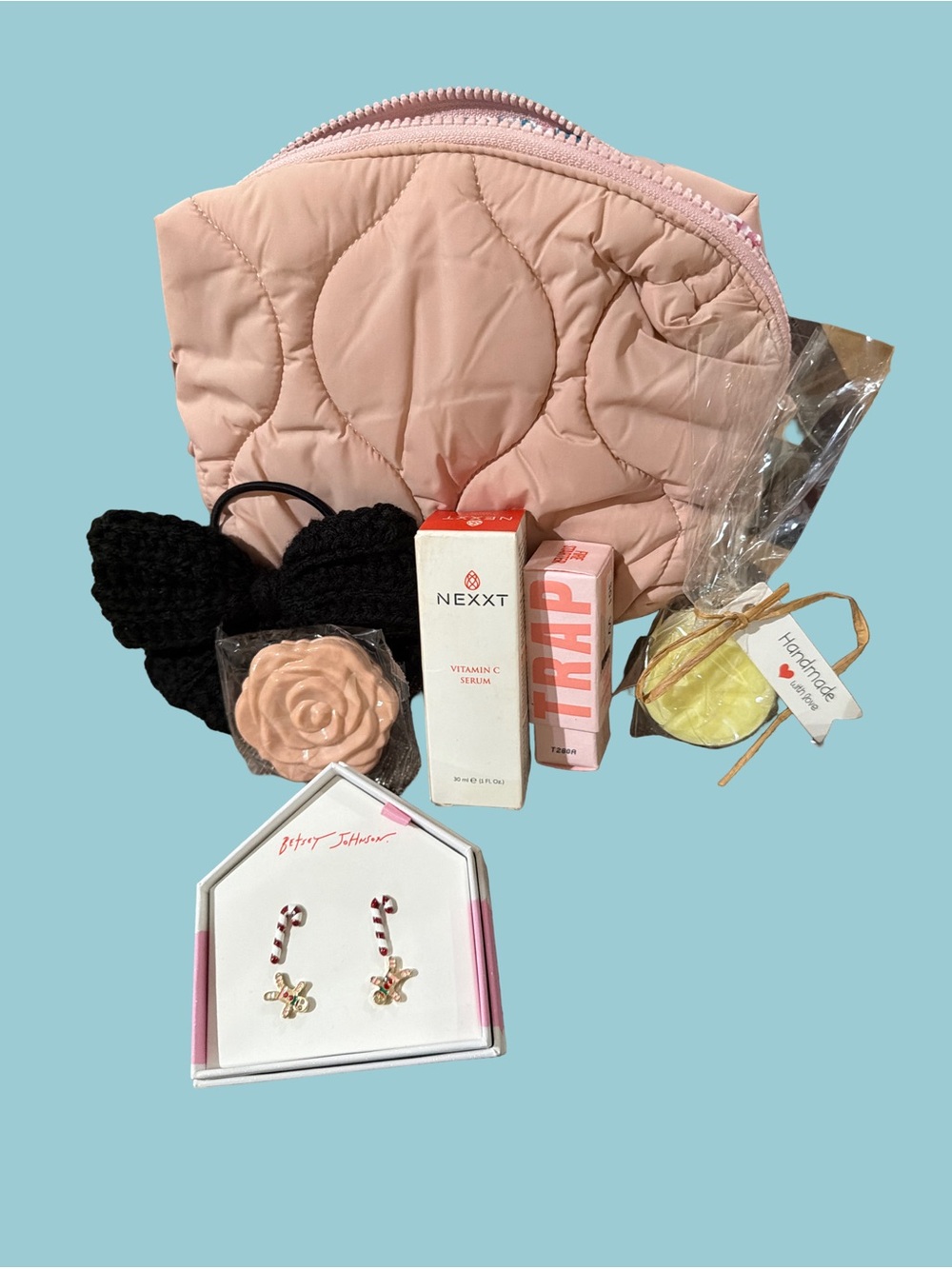 Quilted Pink Cosmetic Pouch with Skincare & Accessories